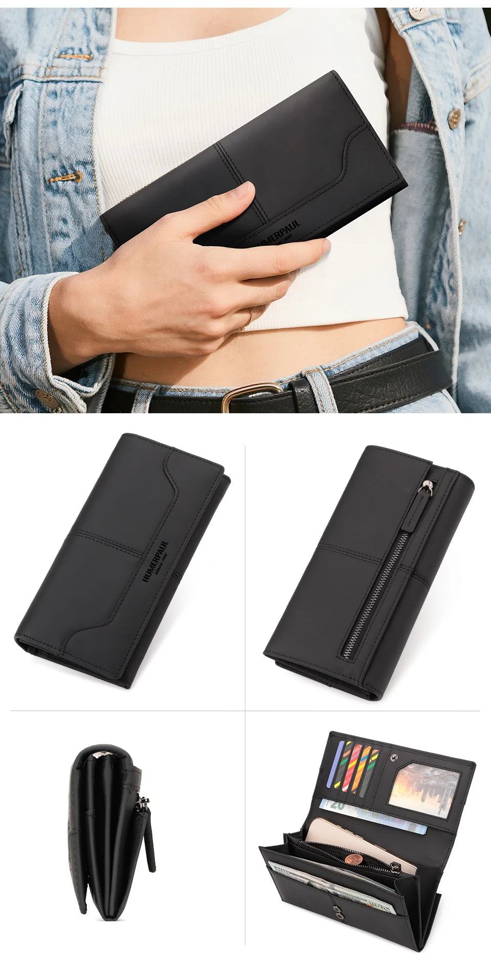 Women's Genuine Leather Long Wallet - Luxury Design with RFID Blocking and Coin Purse