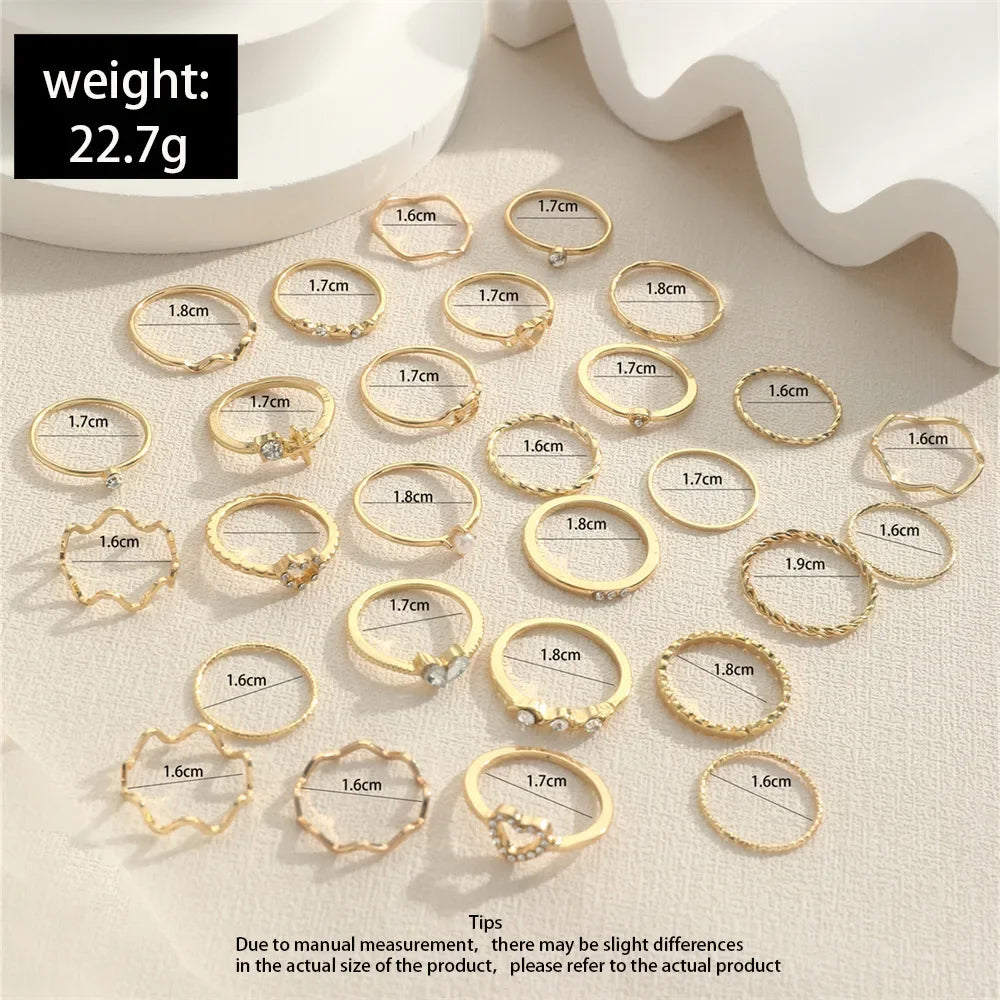 Set of 30 Women's Rings, Bohemian Geometric Stackable and Knuckle Rings, Gold and Silver Jewelry for Parties