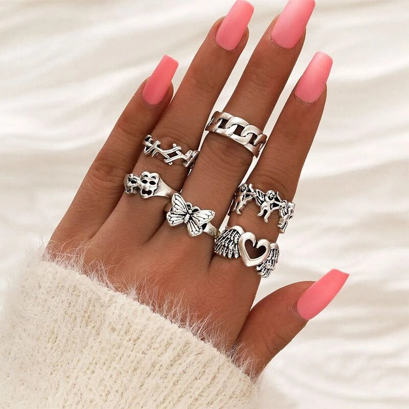 30pcs Alloy Ring Set for Women, Flower, Skull & Animal Designs