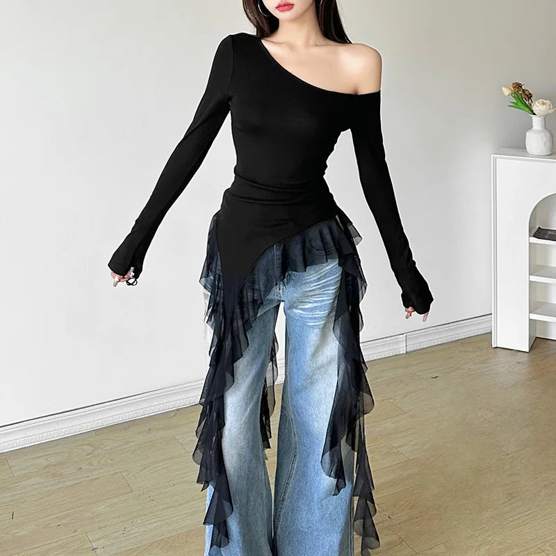 Women’s Y2K Style Top – Asymmetrical Chiffon Blouse