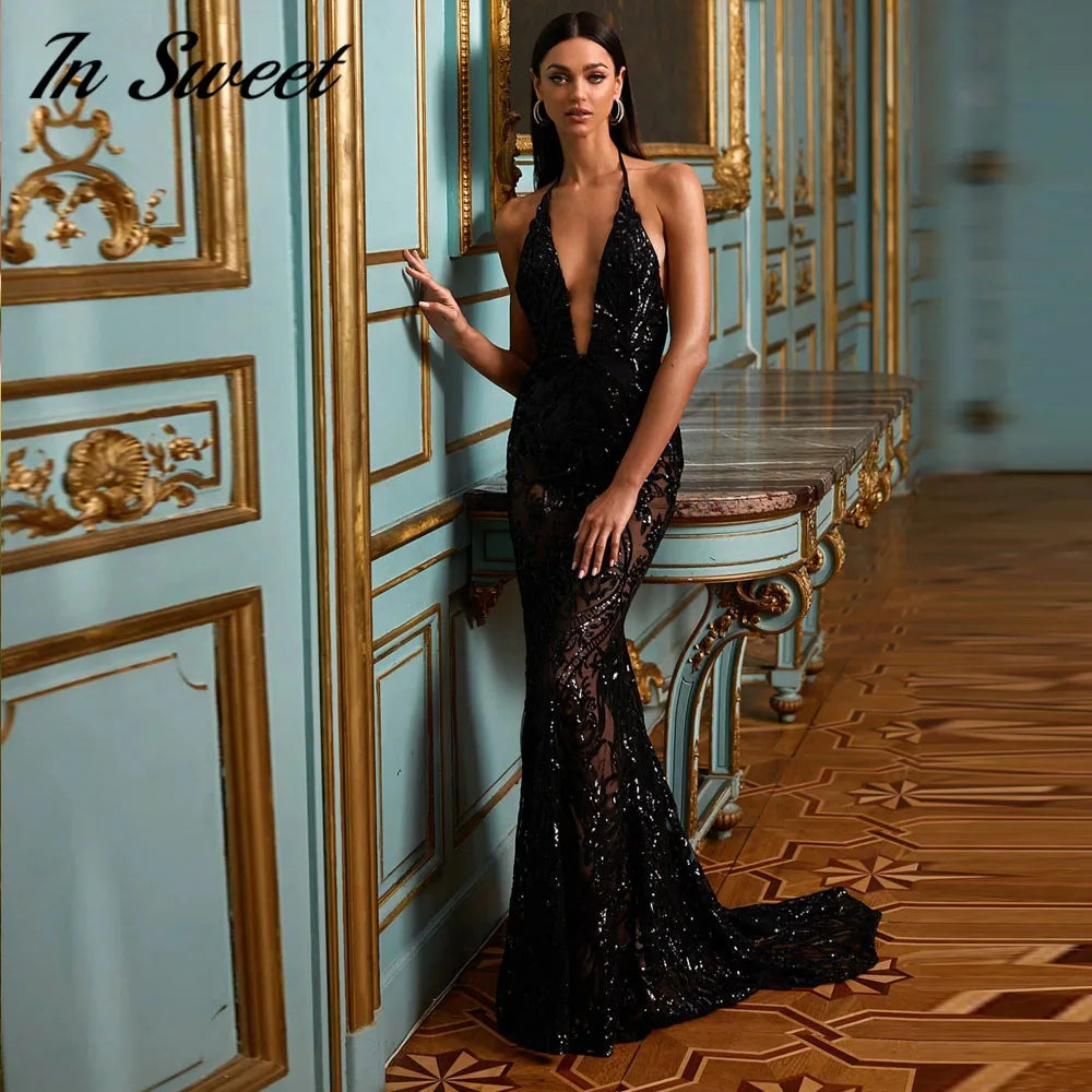 Mermaid Evening Dress | Sequins Lace Halter Gown