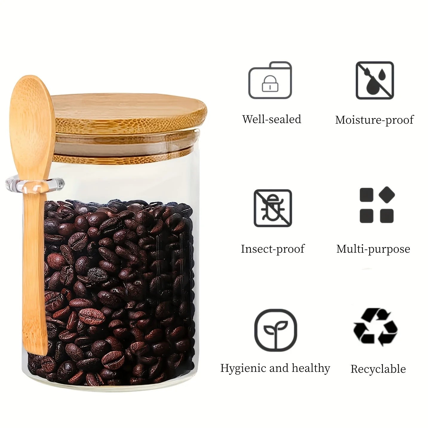 Glass Jar Set with Measuring Spoon, Airtight Pantry Containers, Ideal for Spices, Coffee and Sweets