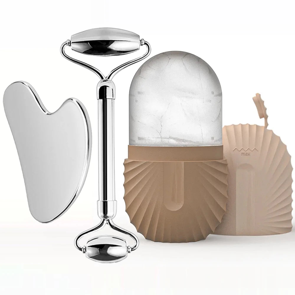 Ice Roller and Gua Sha Set - Stainless Steel with Facial Massage Mold