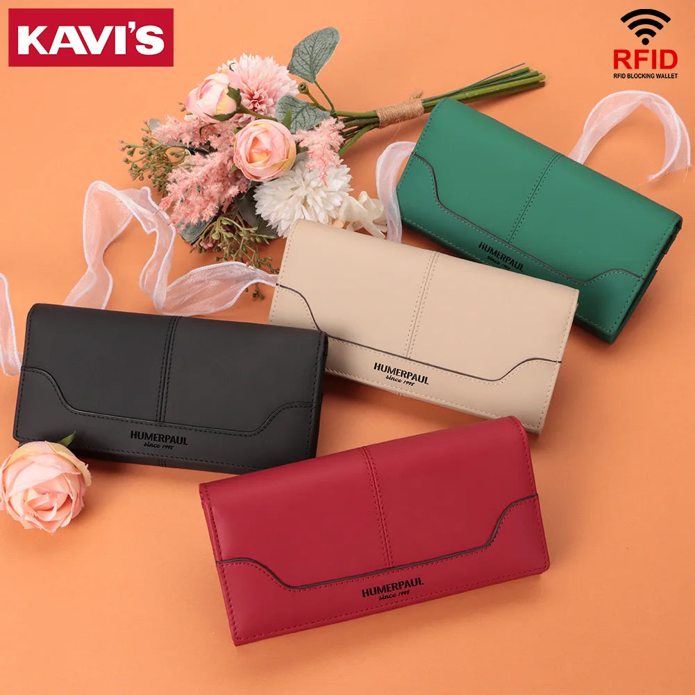 Women's Genuine Leather Long Wallet - Luxury Design with RFID Blocking and Coin Purse