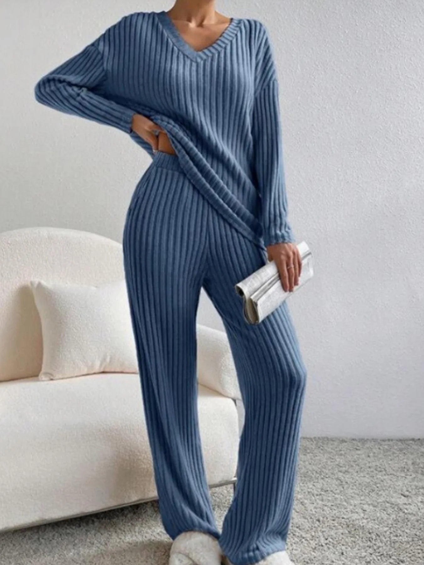 Women's Autumn Set | Casual Sweater and Pants, Long Sleeve, V-Neck