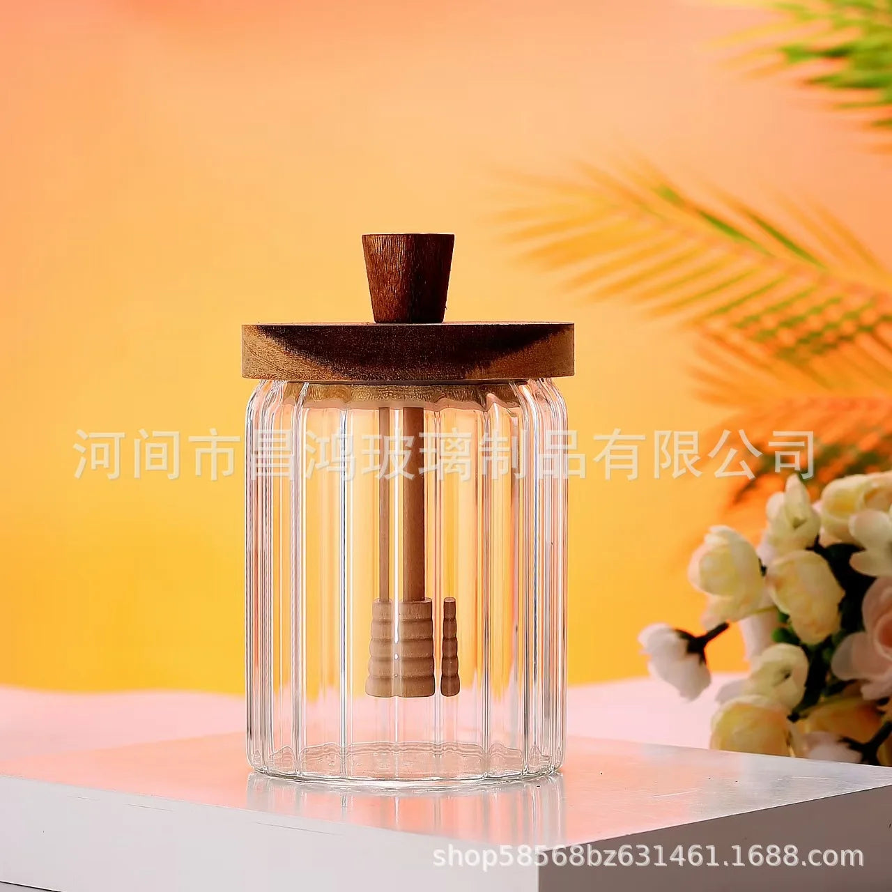 Glass Jar with Wooden Lid and Spoon, Airtight Clear Glass Container for Honey, Jam and Food, Decorative Kitchen Container