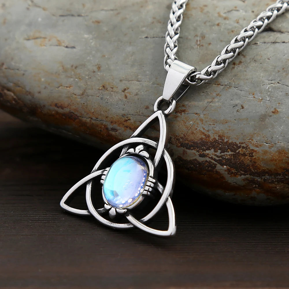Trinity Knot, Opal, Nordic Amulet, Unisex Stainless Steel Jewelry