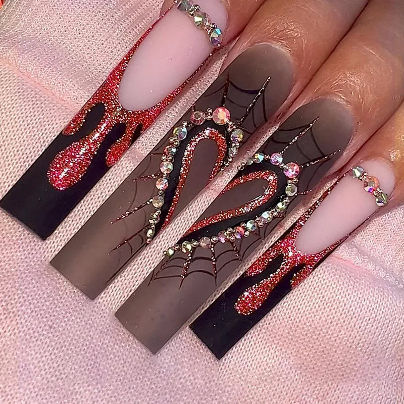 24pcs Halloween Press on Nails, Long Coffin with Spider & Rhinestone Designs