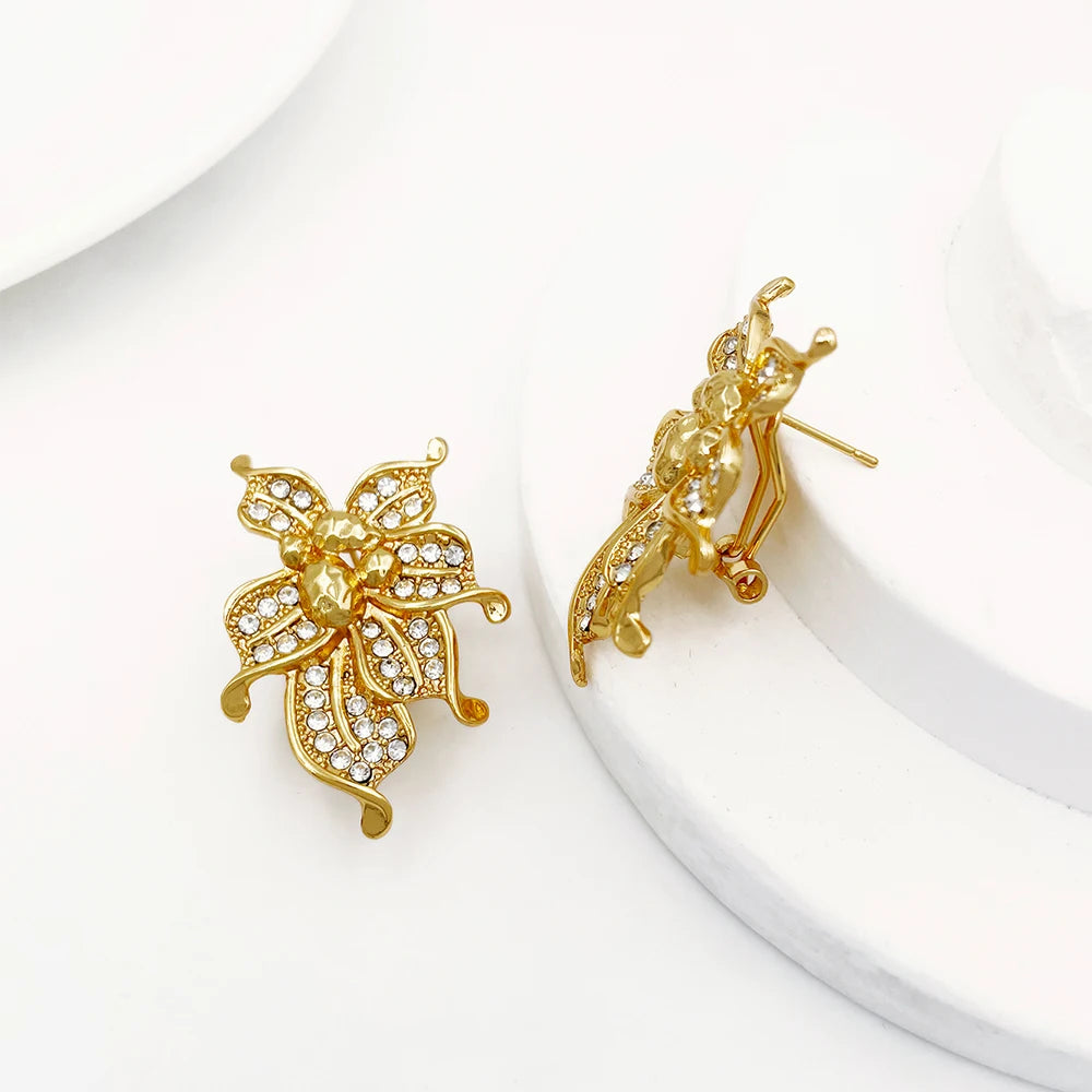 Bridal Jewelry Set with Choker and Large African Flower, Includes Bracelet, Earrings and Ring, 18K Gold Plated with Cubic Zirconia