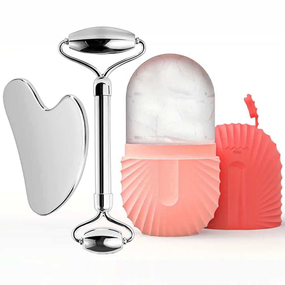 Ice Roller and Gua Sha Set - Stainless Steel with Facial Massage Mold
