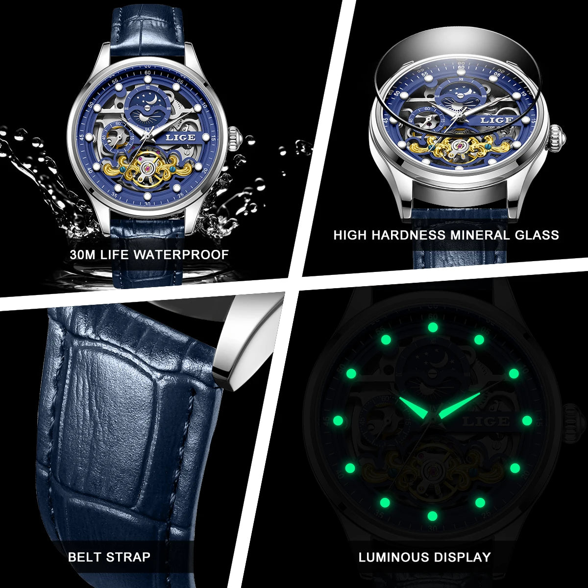 LIGE Men's Skeleton Tourbillon Automatic Waterproof Watch