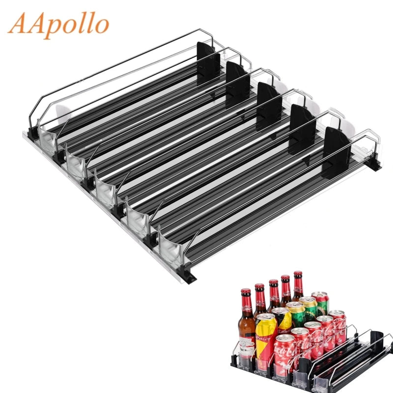 Refrigerator Beverage Organizer | Sliding, with pusher for 25 cans.