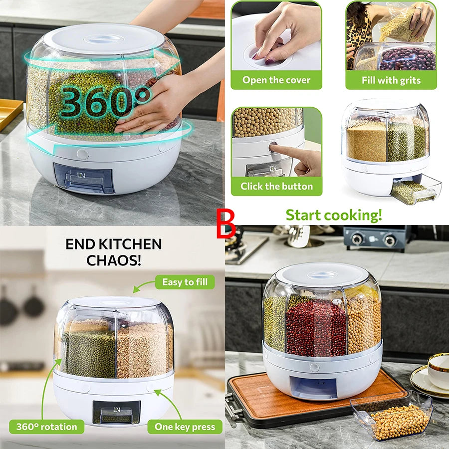360° Rotating Cereal Dispenser, 6-Compartment Airtight Kitchen Organizer for Dry Foods, Grains, and Snacks