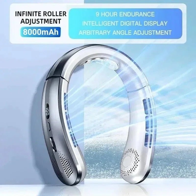 Ventilador de Cuello USB de 8000 mAh, Portátil, Sin Aspas, Mini, Recargable, Silencioso, con Pantalla LED Digital, Enfriador de Aire Eléctrico de Mano