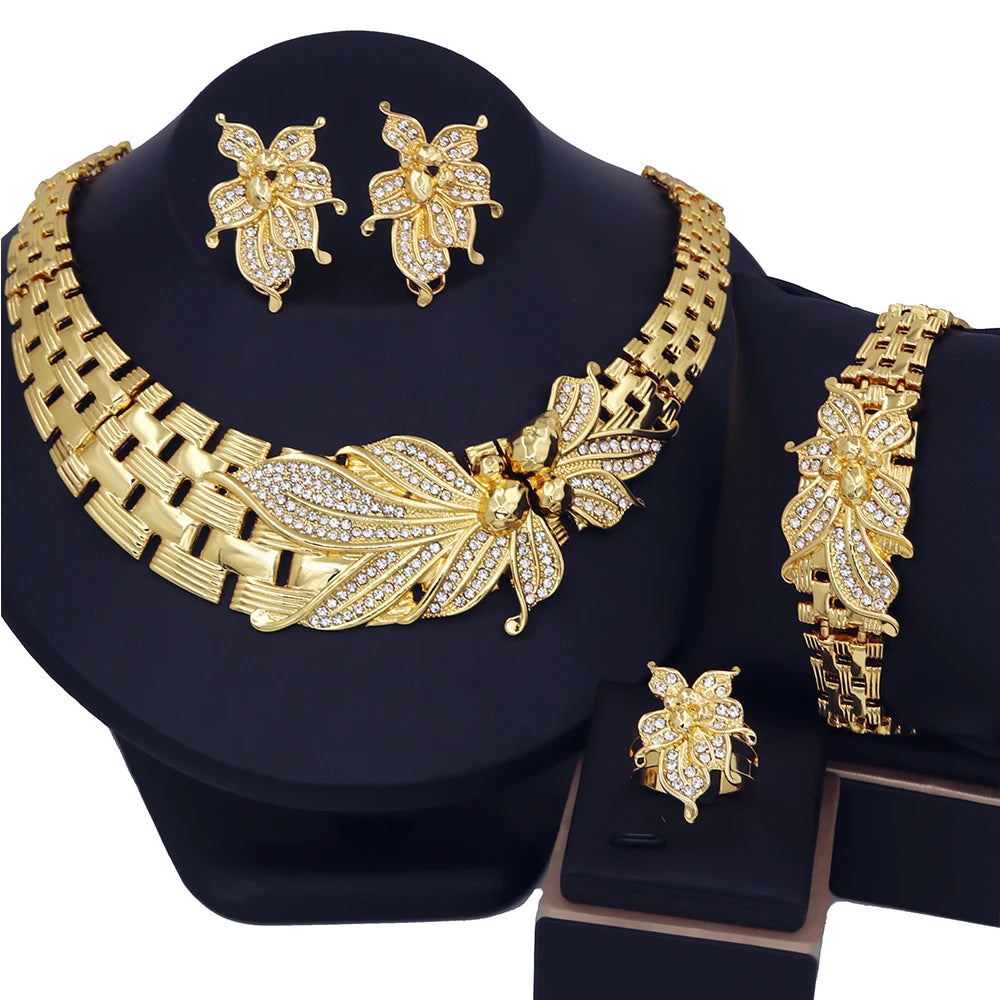 Bridal Jewelry Set with Choker and Large African Flower, Includes Bracelet, Earrings and Ring, 18K Gold Plated with Cubic Zirconia