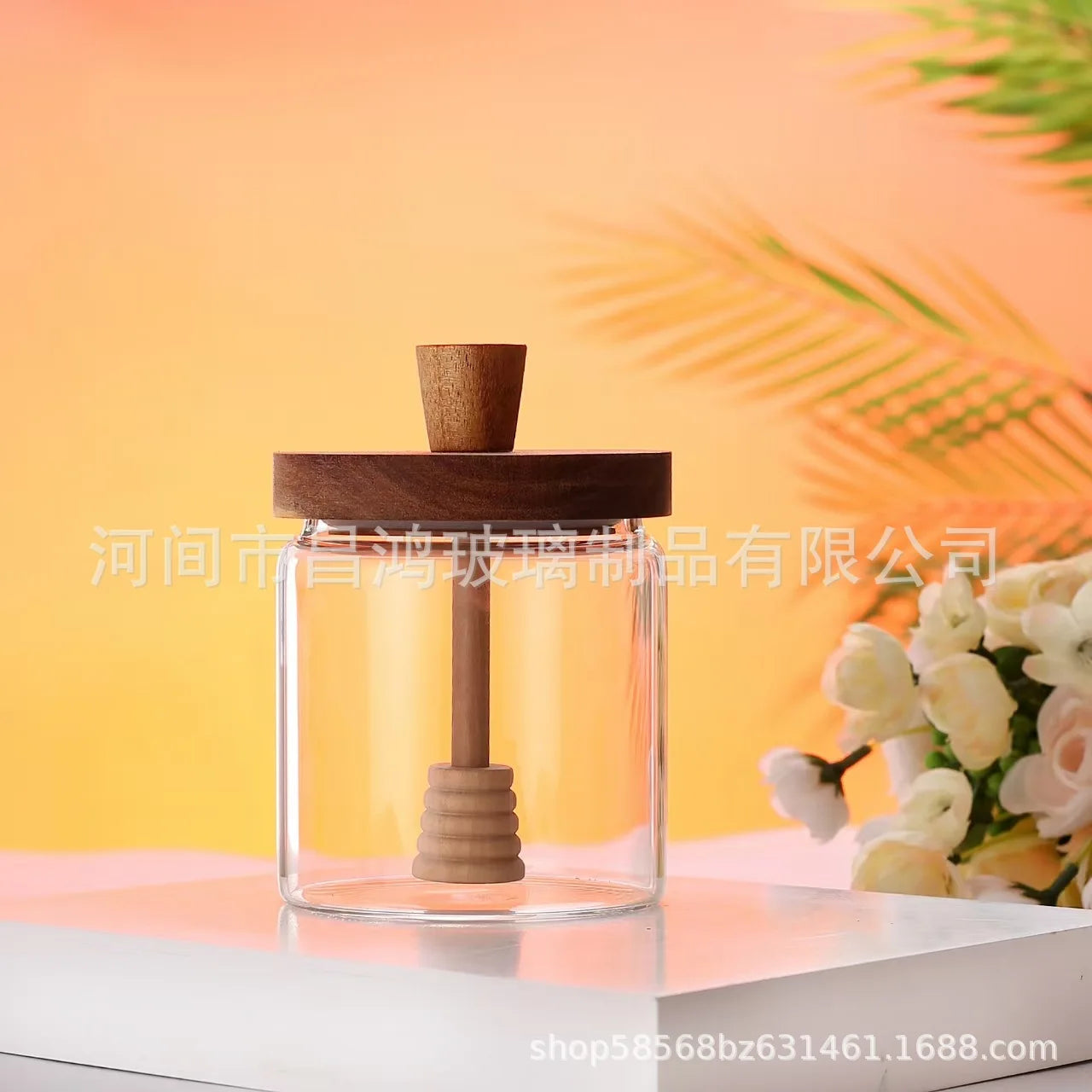 Glass Jar with Wooden Lid and Spoon, Airtight Clear Glass Container for Honey, Jam and Food, Decorative Kitchen Container