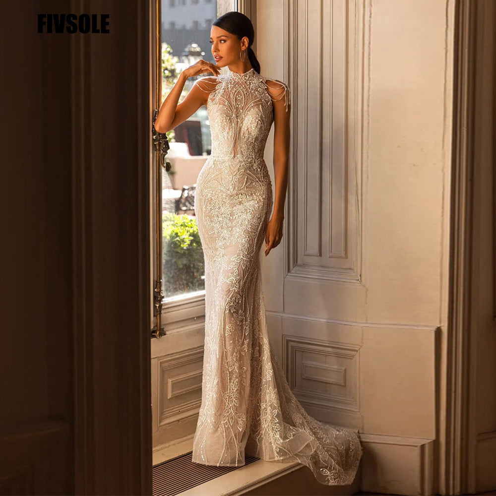 Elegant High Neck Bridal Gown | Boho Beach Dress with Open Back, Ruched Tulle & Sparkling Sequin Details
