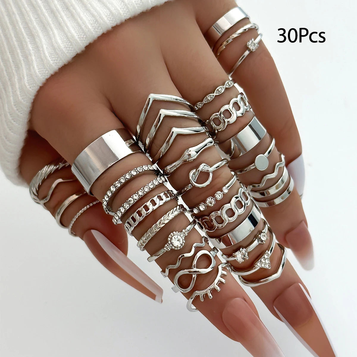 Set of 30 Women's Rings, Bohemian Geometric Stackable and Knuckle Rings, Gold and Silver Jewelry for Parties