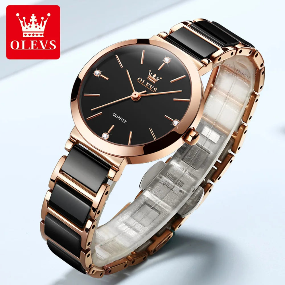 Women's Rose Gold Quartz Ceramic Strap Watch