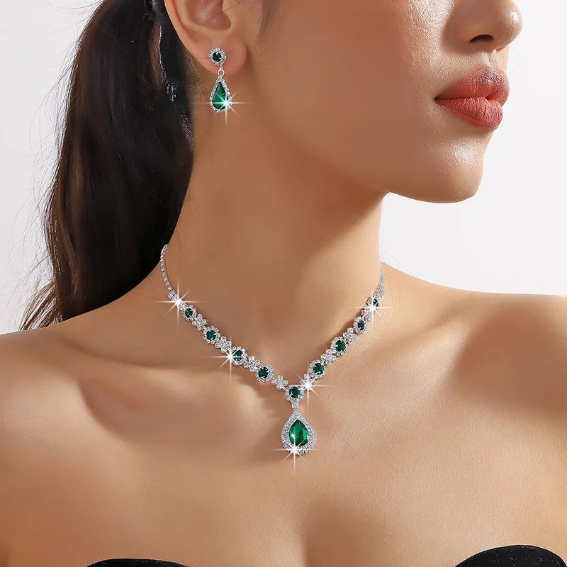 Women's Jewelry Set (2 Pieces) | Elegant Pendant Necklace and Stud Earrings with Water Drop and Rhinestones