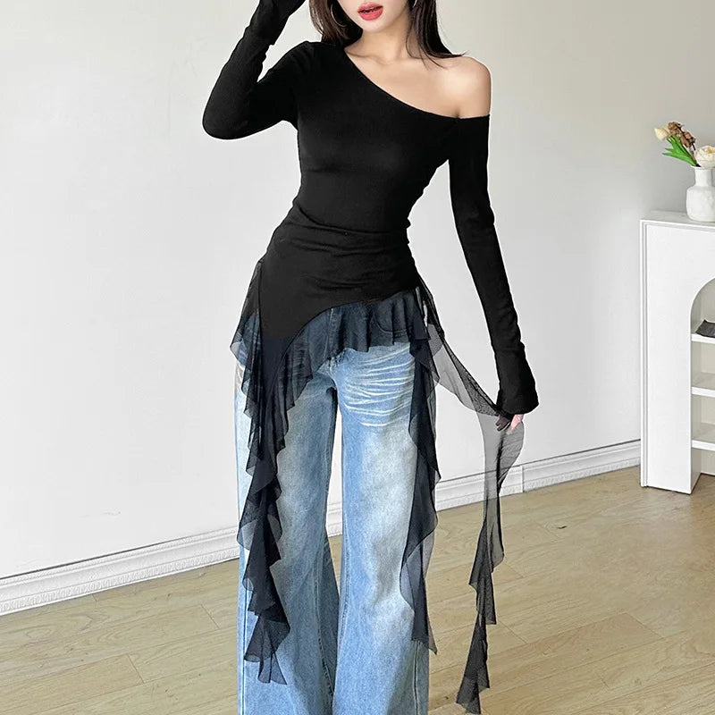 Women’s Y2K Style Top – Asymmetrical Chiffon Blouse