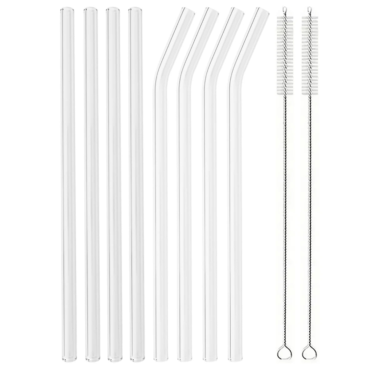 Set of Curved Borosilicate Glass Straws with Cleaning Brush