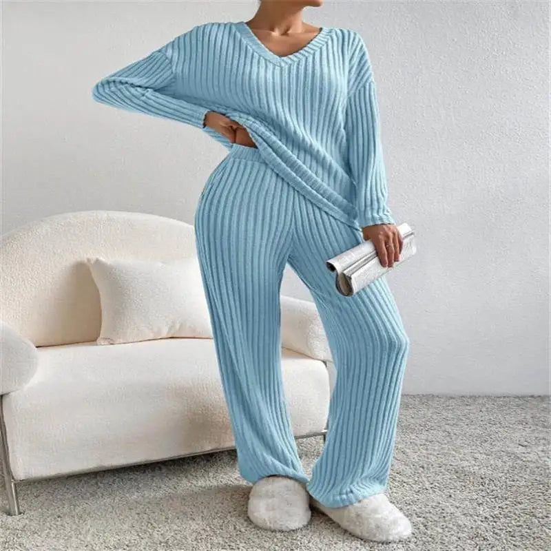 Women's Autumn Set | Casual Sweater and Pants, Long Sleeve, V-Neck