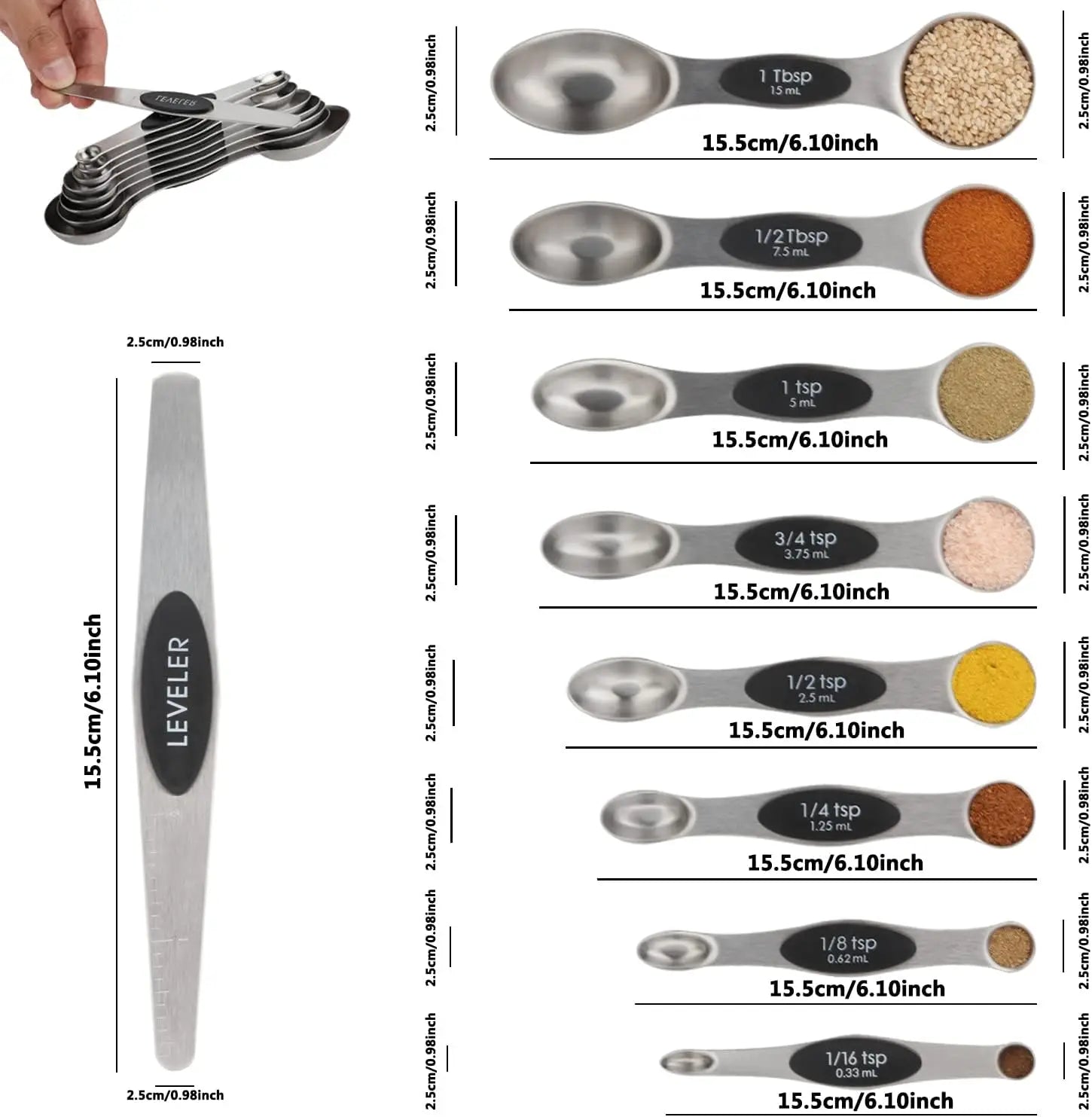 Double-Sided Magnetic Measuring Spoons, Stainless Steel and Stackable