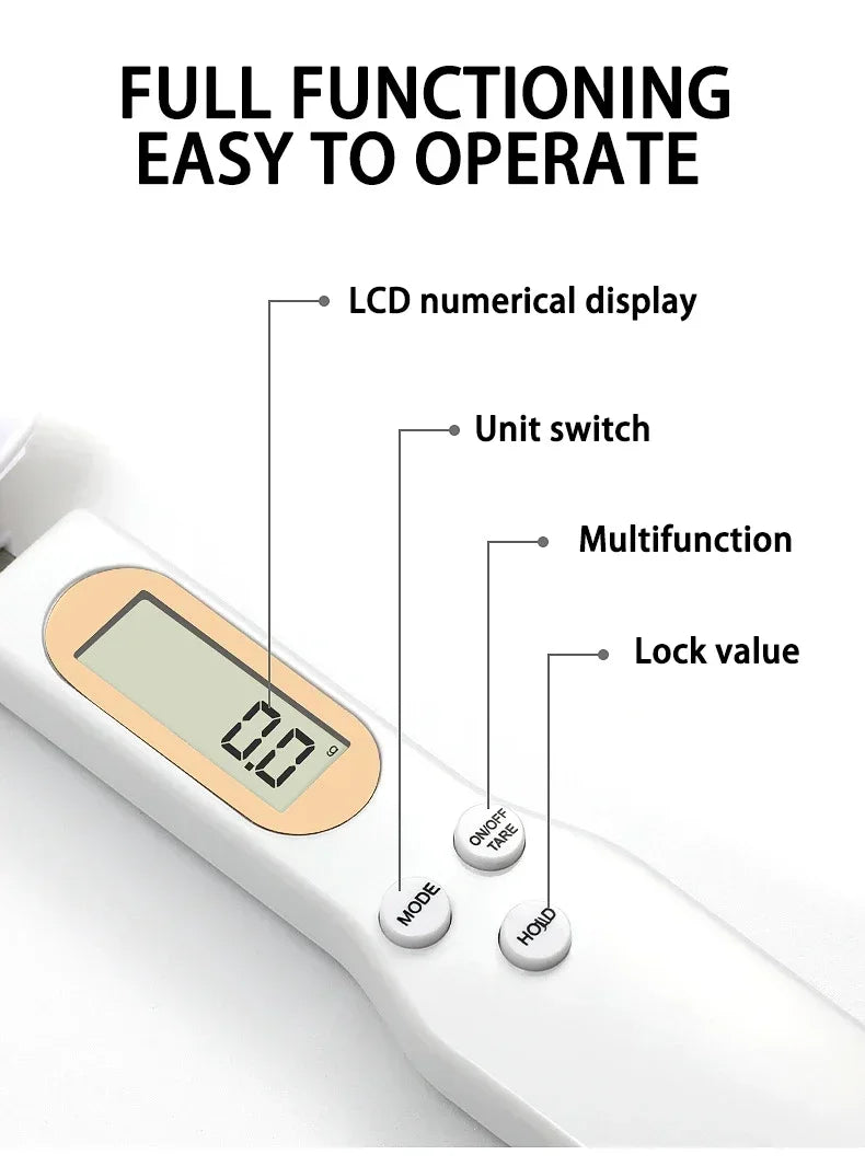 Digital kitchen measuring spoon, mini precision scale from 0.1g to 500g with LCD display, electronic measuring spoon.
