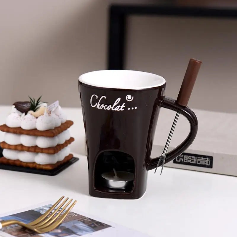 Ceramic Chocolate Fondue Set | Cheese and Chocolate Candle Warmer | Includes Fork