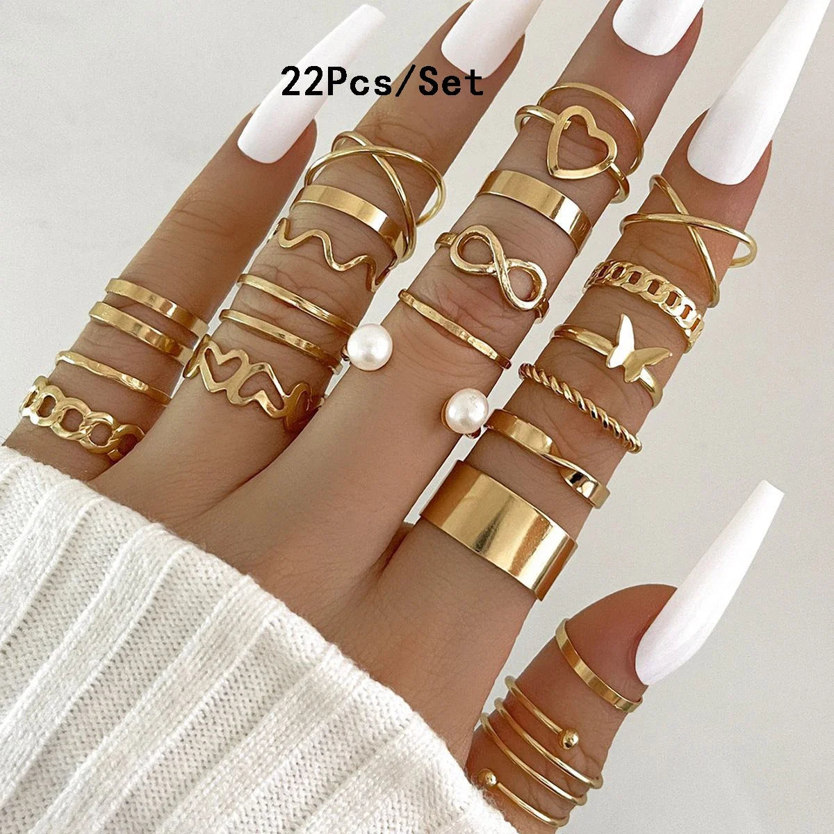 Set of 30 Women's Rings, Bohemian Geometric Stackable and Knuckle Rings, Gold and Silver Jewelry for Parties