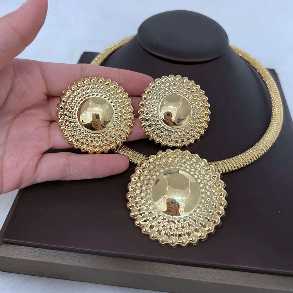 Women's Jewelry Set | Dubai Style, with Beaded Pendant and Earrings, Gold Plated, for Weddings and Brides, Ideal Gift