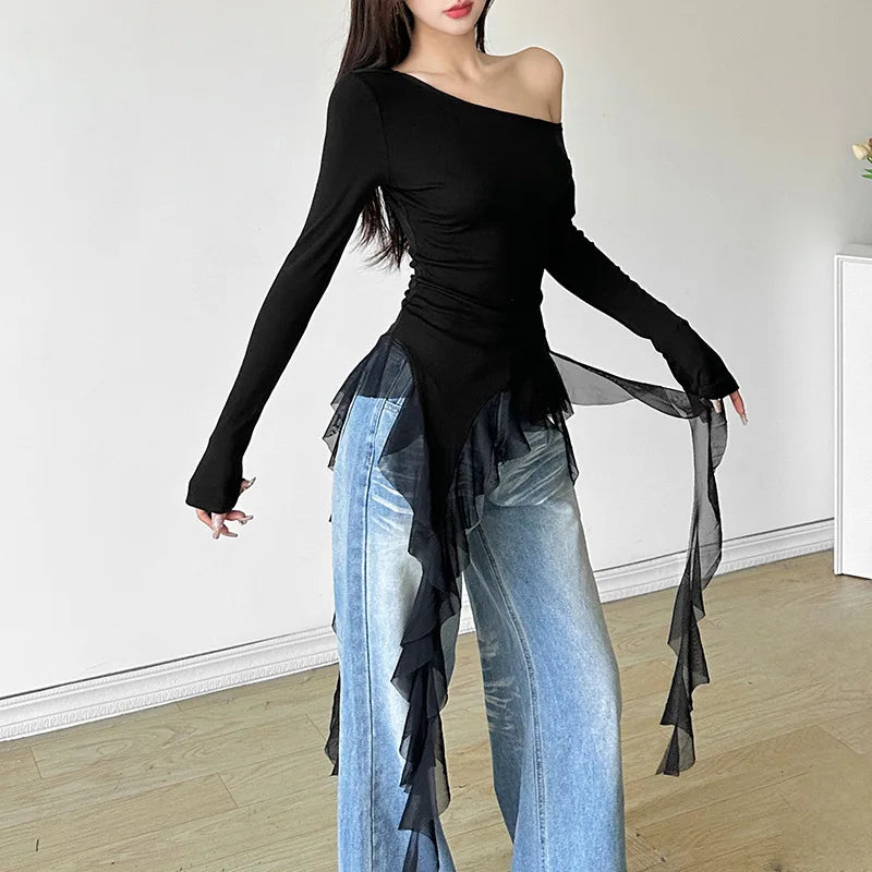 Women’s Y2K Style Top – Asymmetrical Chiffon Blouse