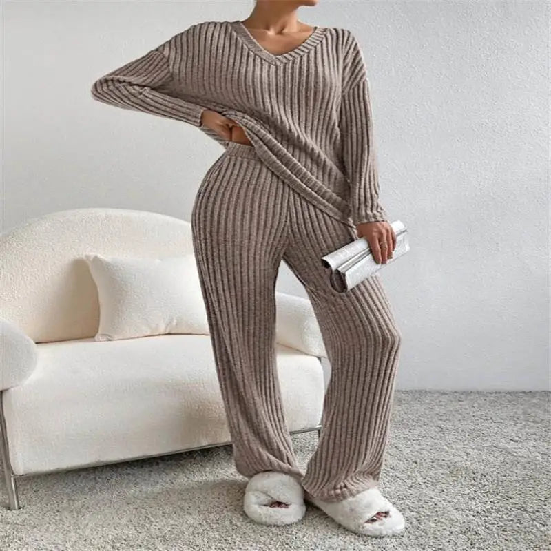 Women's Autumn Set | Casual Sweater and Pants, Long Sleeve, V-Neck