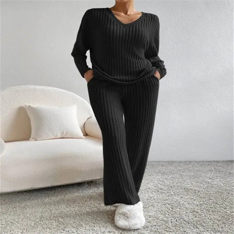 Women's Autumn Set | Casual Sweater and Pants, Long Sleeve, V-Neck