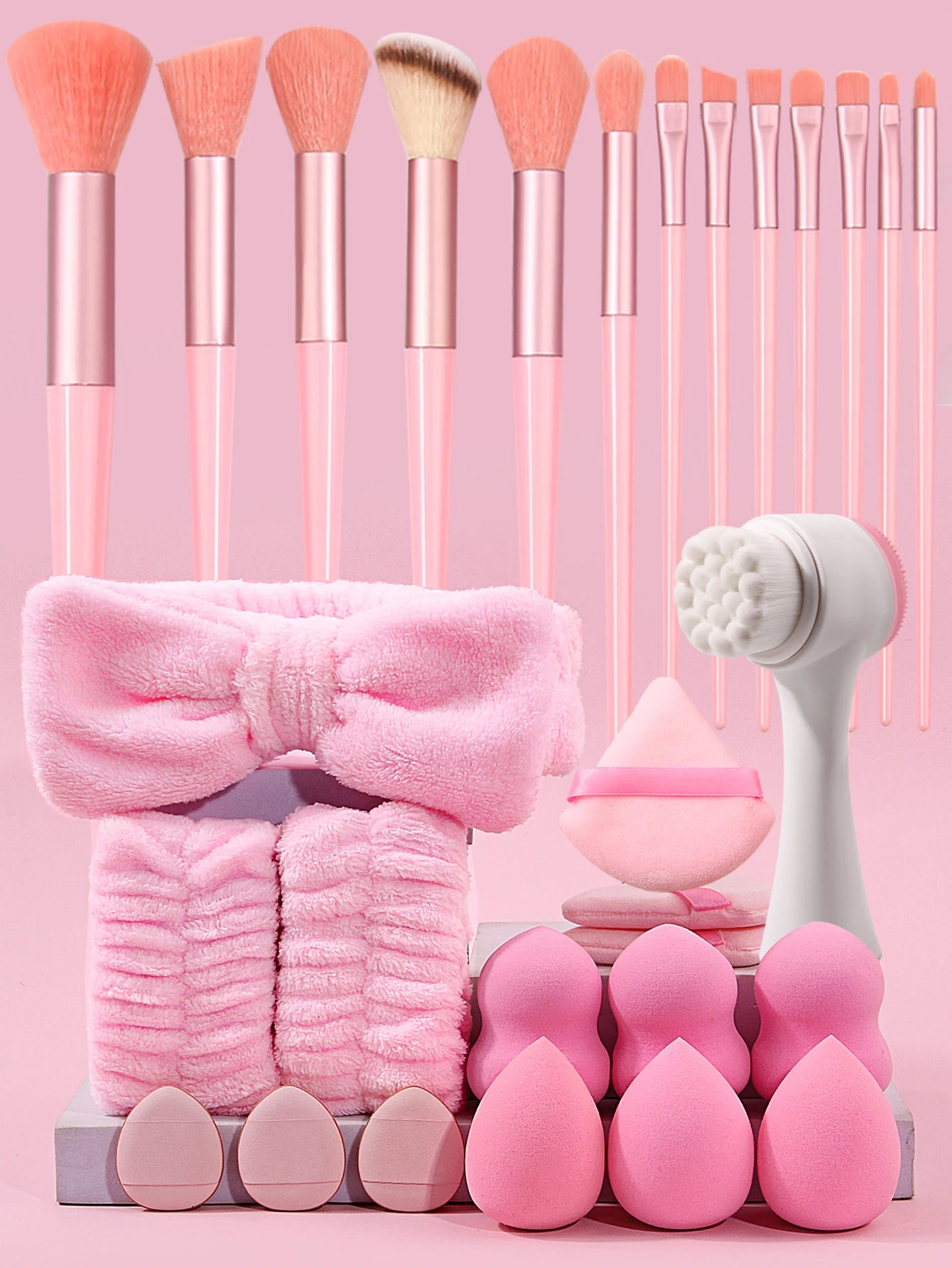 29-Piece Makeup Kit, Set of 13 Brushes and 12 Sponges, Includes Headband, Wristband and Facial Cleansing Brush, Complete Accessories