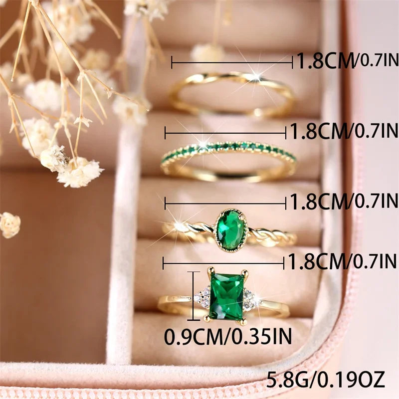 4pcs Green Zircon Ring Set, Gold Plated for Engagement & Wedding