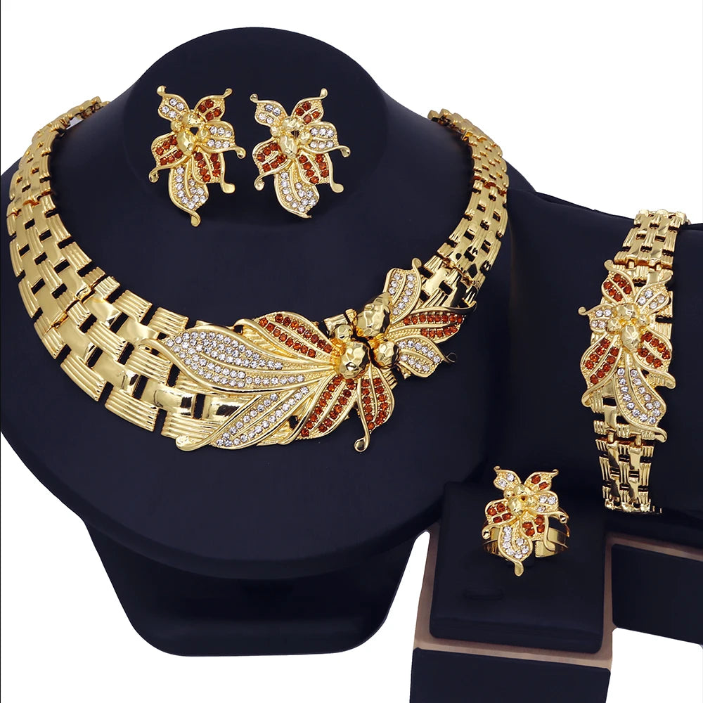 Bridal Jewelry Set with Choker and Large African Flower, Includes Bracelet, Earrings and Ring, 18K Gold Plated with Cubic Zirconia
