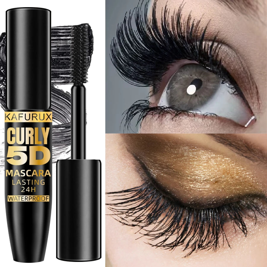 5D Black Waterproof Mascara with Silk Fiber, Lengthens & Thickens Eyelashes
