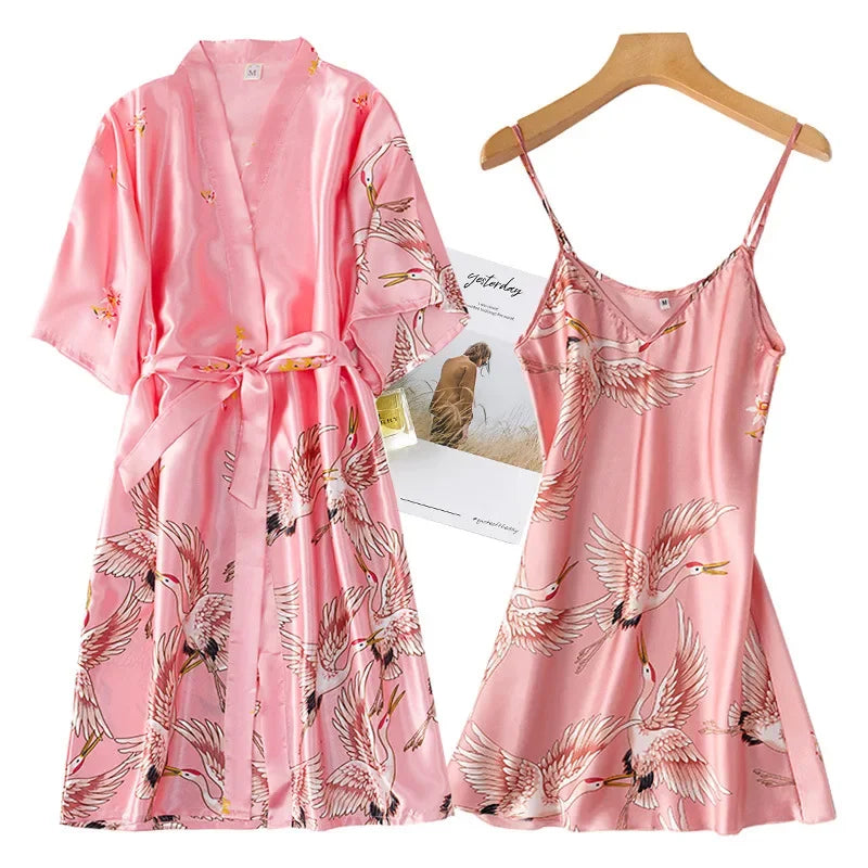 Women's Satin Kimono Robe Set