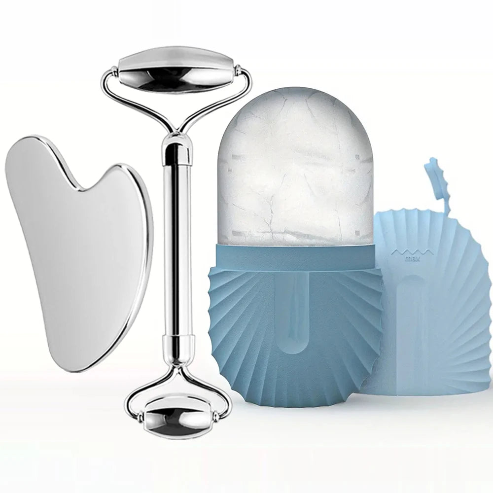 Ice Roller and Gua Sha Set - Stainless Steel with Facial Massage Mold