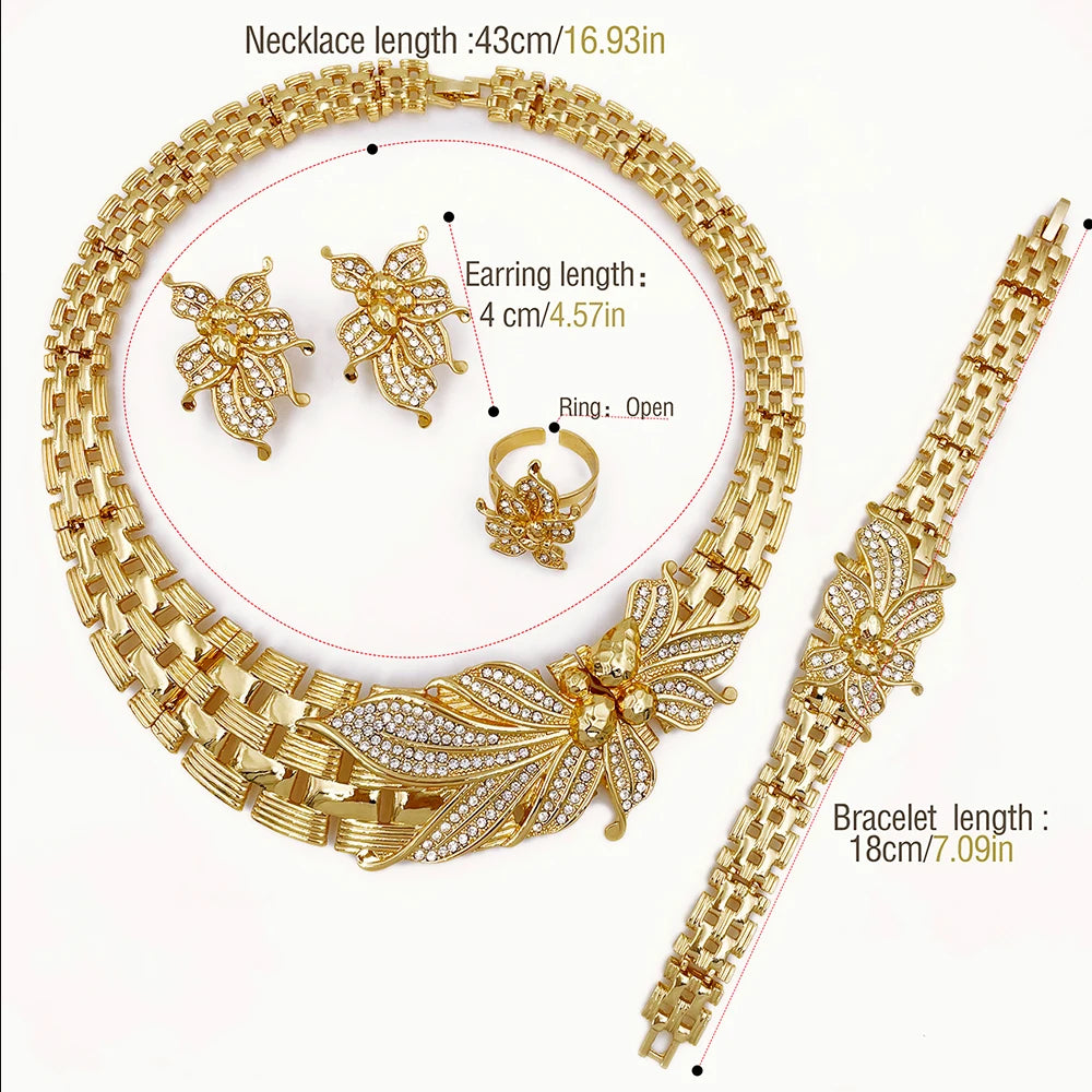 Bridal Jewelry Set with Choker and Large African Flower, Includes Bracelet, Earrings and Ring, 18K Gold Plated with Cubic Zirconia