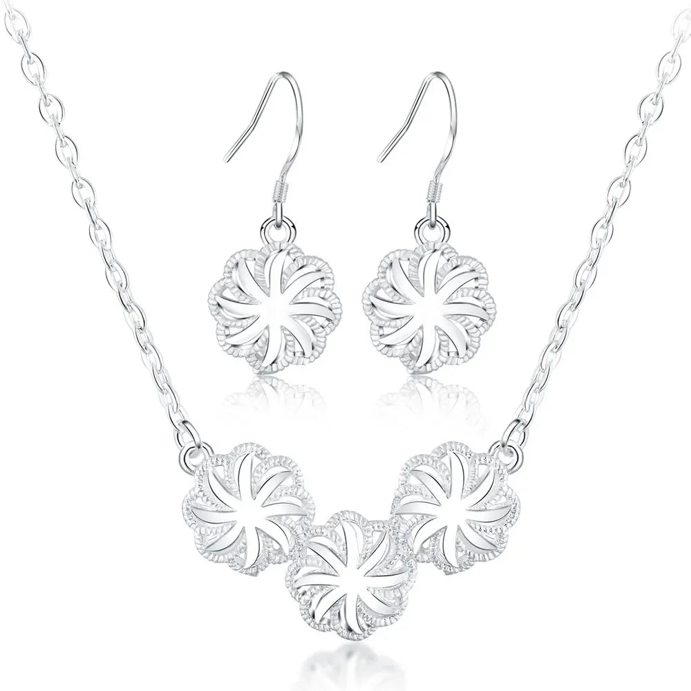Women's Jewelry Set in 925 Sterling Silver, with Flowers, Necklace and Earrings, Elegant, for Wedding, Party and Gift