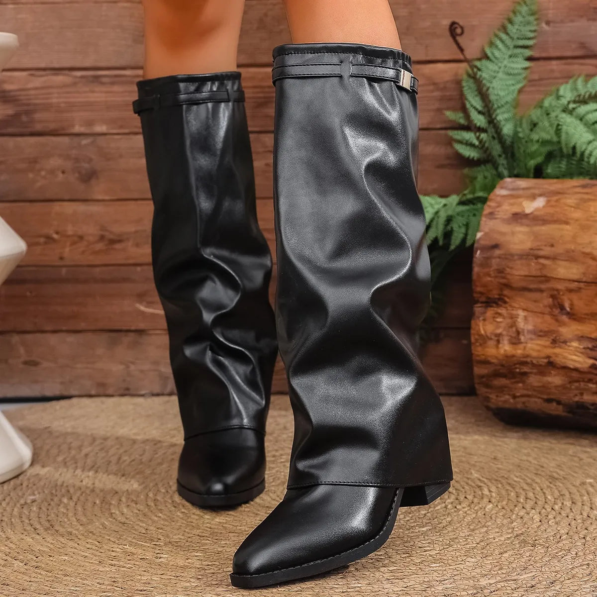 Women's Punk Style Boots | Knee-High Heel Pointed Toe Boots | Faux Leather for Fall Winter