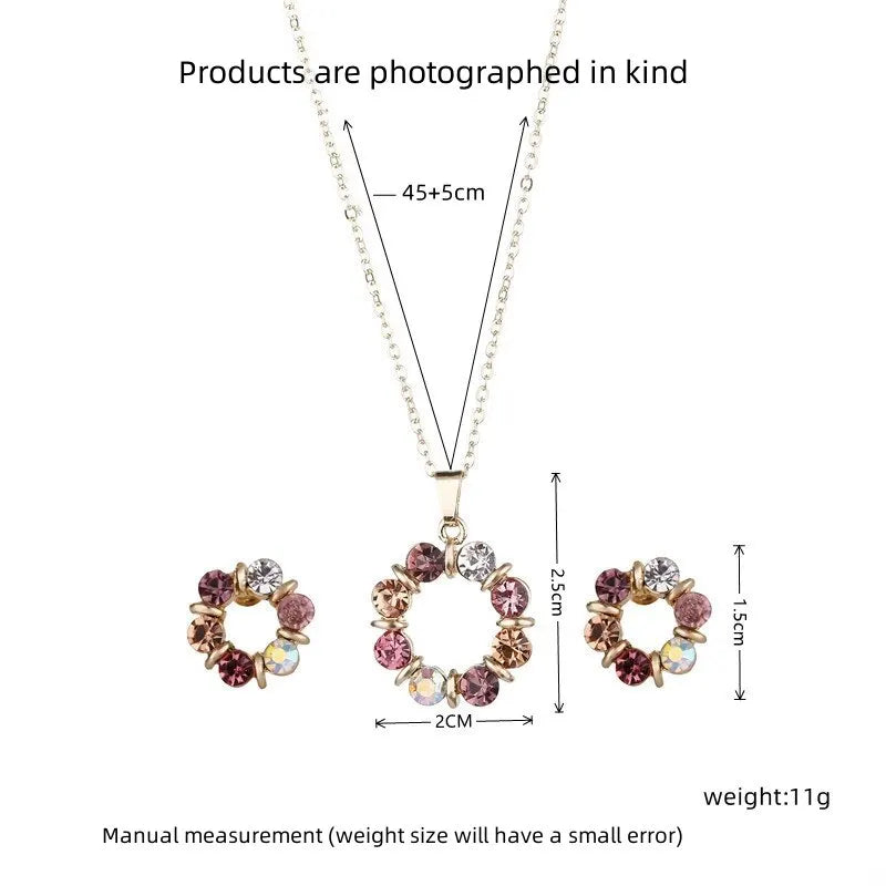 Women's Necklace and Earrings Set (3 Pieces) | Gold Jewelry, Celebrity Style, Circle with Stained Glass Effect and Diamond