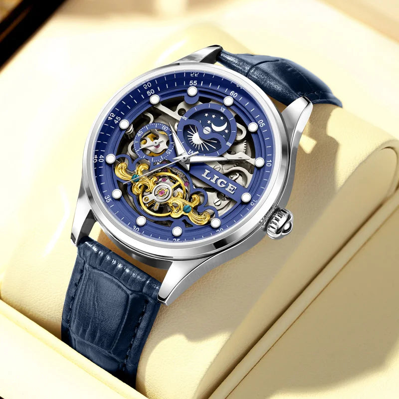 LIGE Men's Skeleton Tourbillon Automatic Waterproof Watch