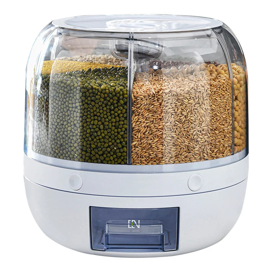 360° Rotating Cereal Dispenser, 6-Compartment Airtight Kitchen Organizer for Dry Foods, Grains, and Snacks