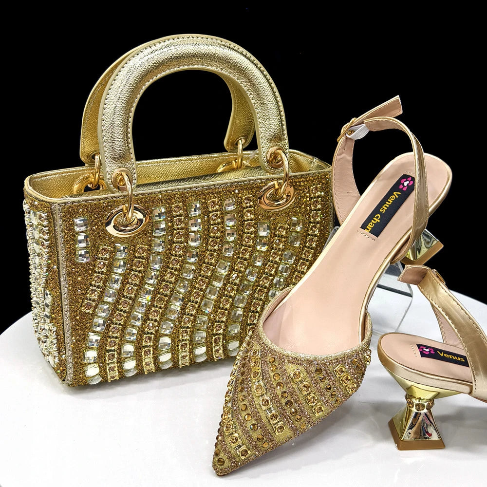 Women Shoe and Handbag Set | Rhinestone Party Heels