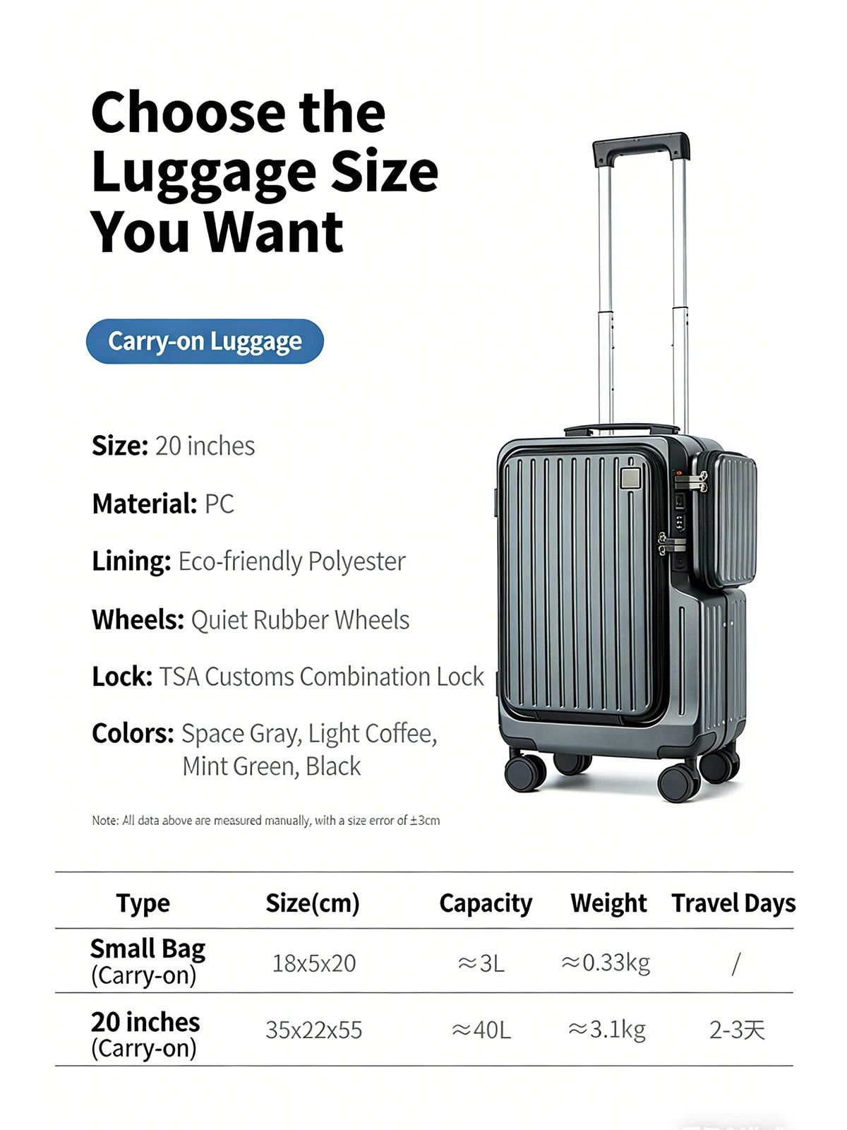 20-inch carry-on suitcase front opening design