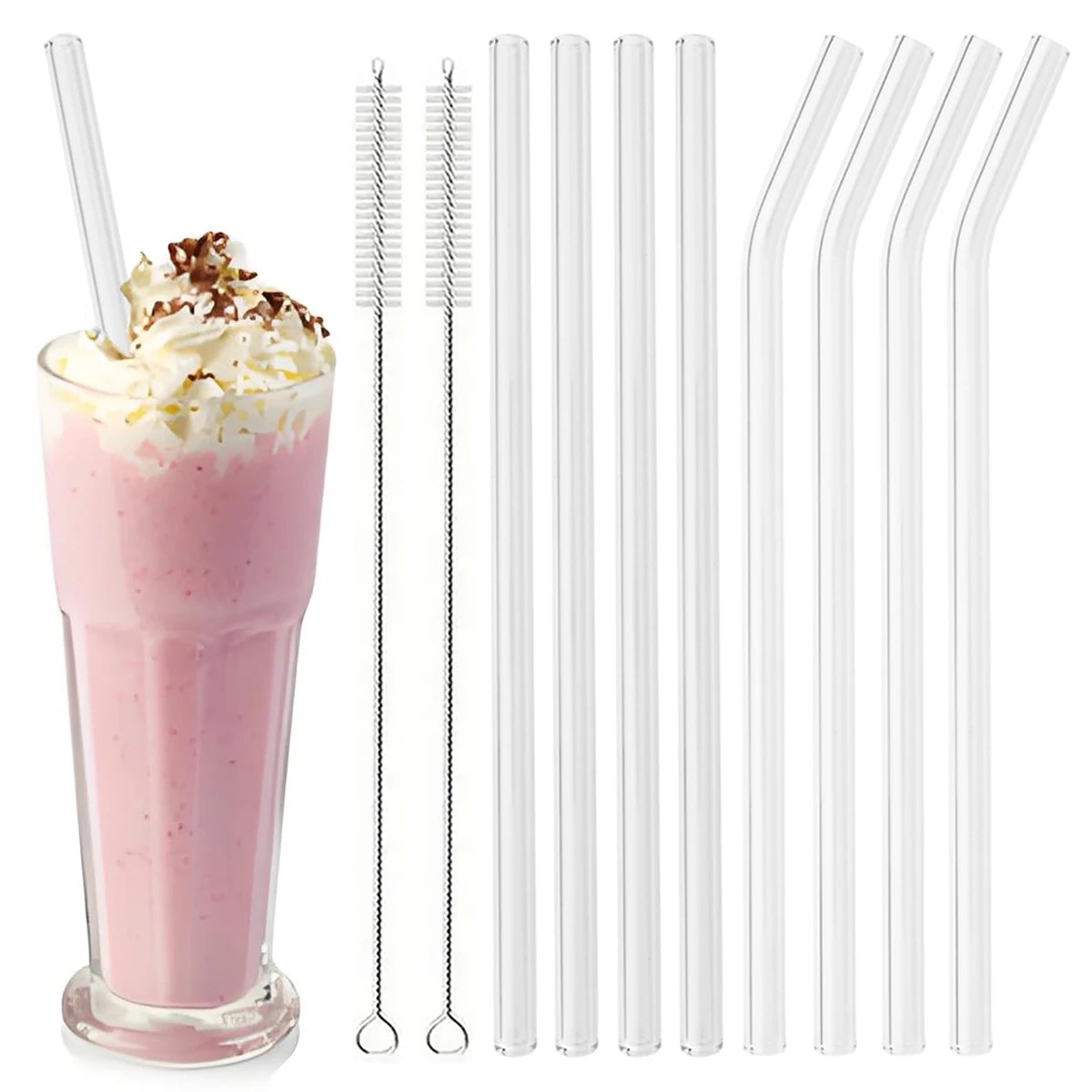 Set of Curved Borosilicate Glass Straws with Cleaning Brush